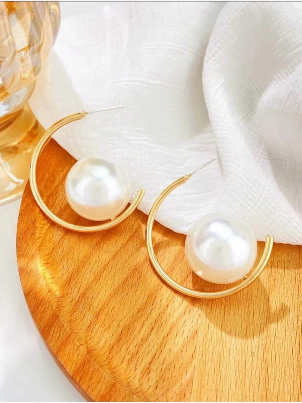 Gold Hoop Pearl Accent Earrings - Elegant Women Jewelry
